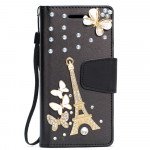 Wholesale iPhone 8 Plus / iPhone 7 Plus Crystal Flip Leather Wallet Case with Strap (Tower Black)